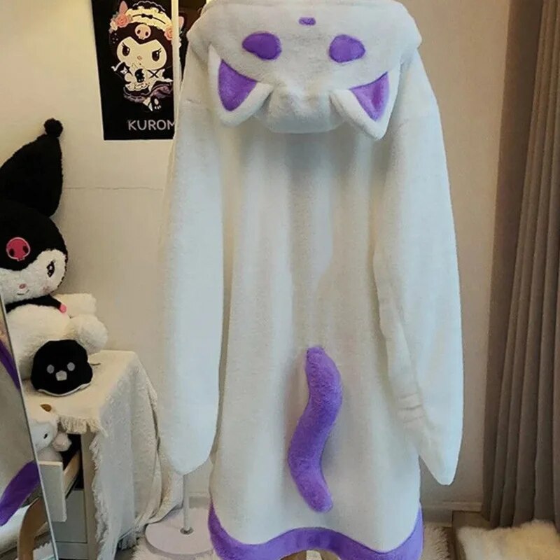 Halloween Ghost Fuzzy Plush Pajamas Ponchos For Women Y2k Winter Thicken Cute Hooded Loose Pajamas Capes Home Fur Sets ShopOnlyDeal