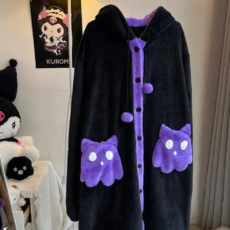 Halloween Ghost Fuzzy Plush Pajamas Ponchos For Women Y2k Winter Thicken Cute Hooded Loose Pajamas Capes Home Fur Sets ShopOnlyDeal