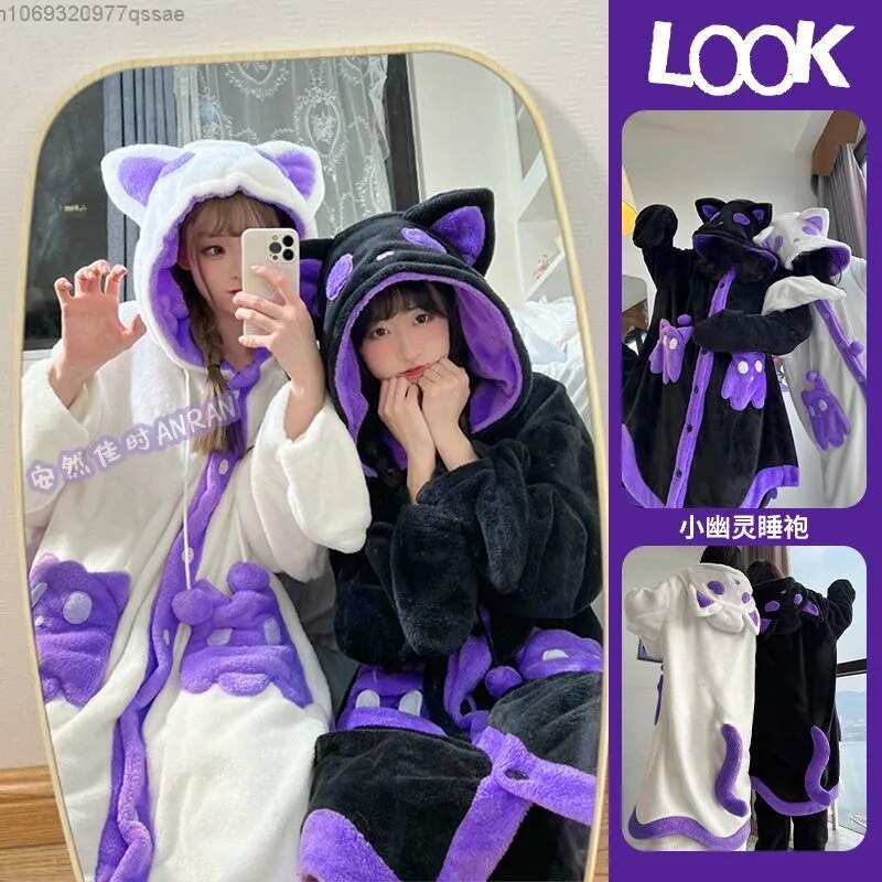 Halloween Ghost Fuzzy Plush Pajamas Ponchos For Women Y2k Winter Thicken Cute Hooded Loose Pajamas Capes Home Fur Sets ShopOnlyDeal