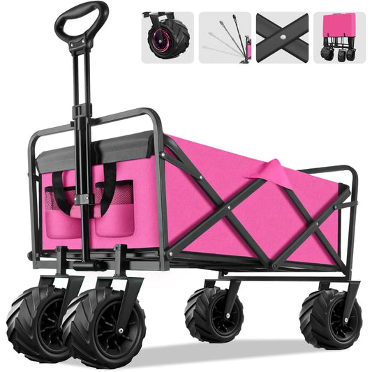 Hand Cart Collapsible Foldable Wagon Handcart Beach Cart With Big Wheels for Sand Camping Trolley Pink Garden Carts Folding Home ShopOnlyDeal