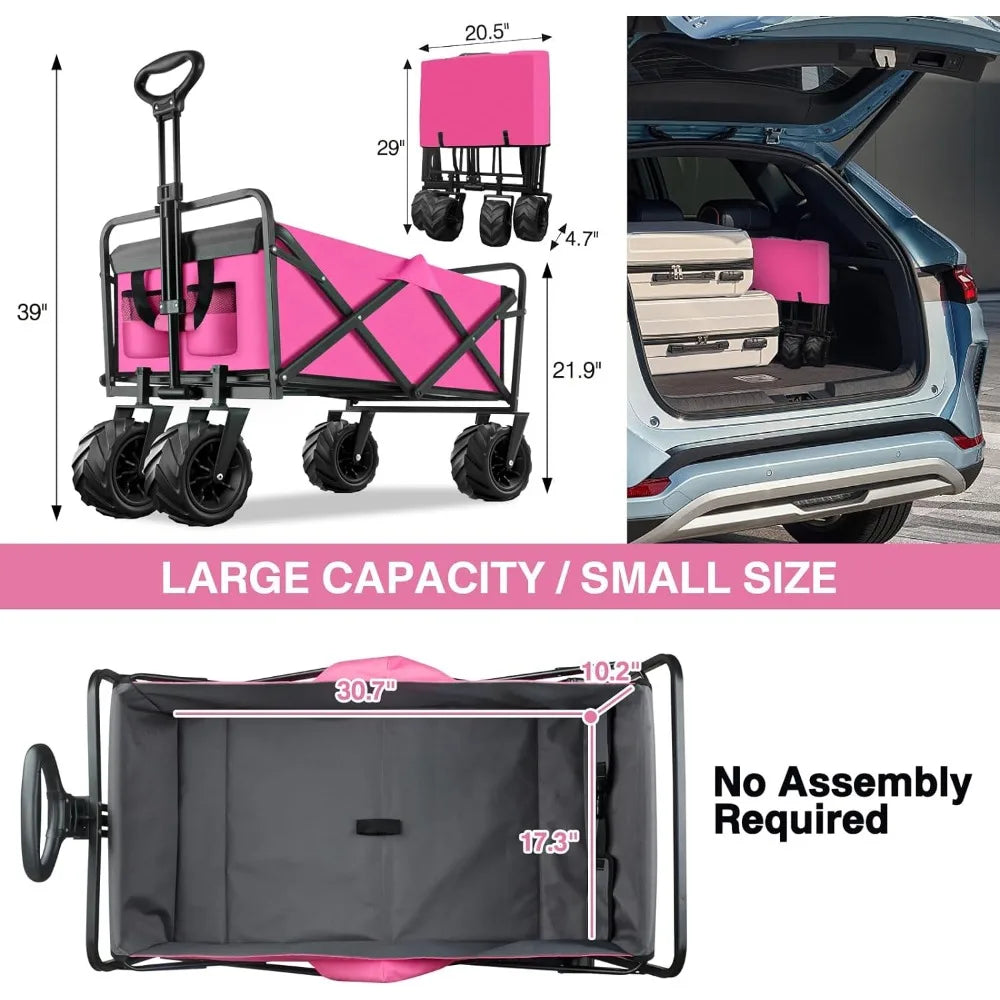 Hand Cart Collapsible Foldable Wagon Handcart Beach Cart With Big Wheels for Sand Camping Trolley Pink Garden Carts Folding Home ShopOnlyDeal