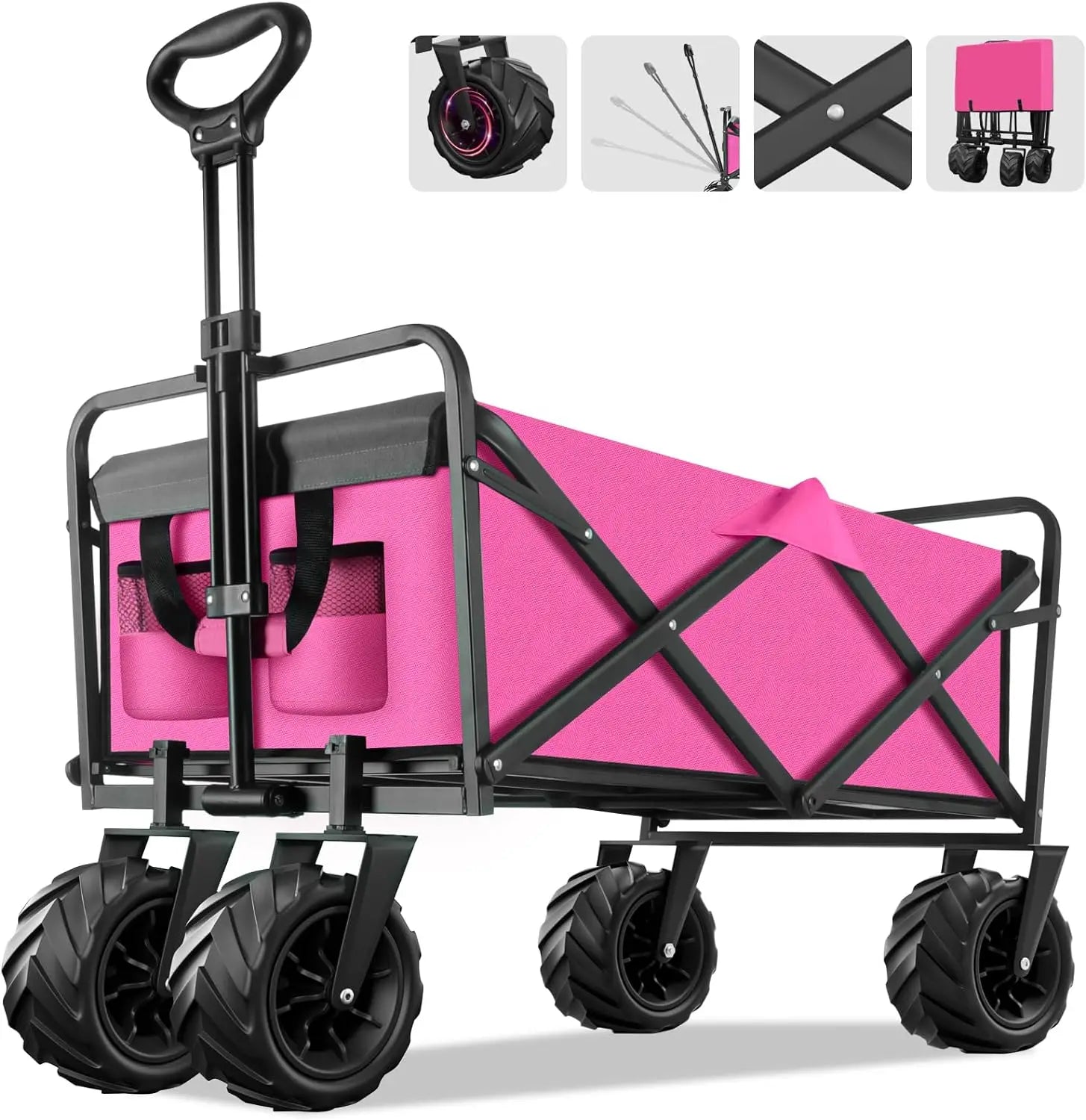 Hand Cart Collapsible Foldable Wagon Handcart Beach Cart With Big Wheels for Sand Camping Trolley Pink Garden Carts Folding Home ShopOnlyDeal