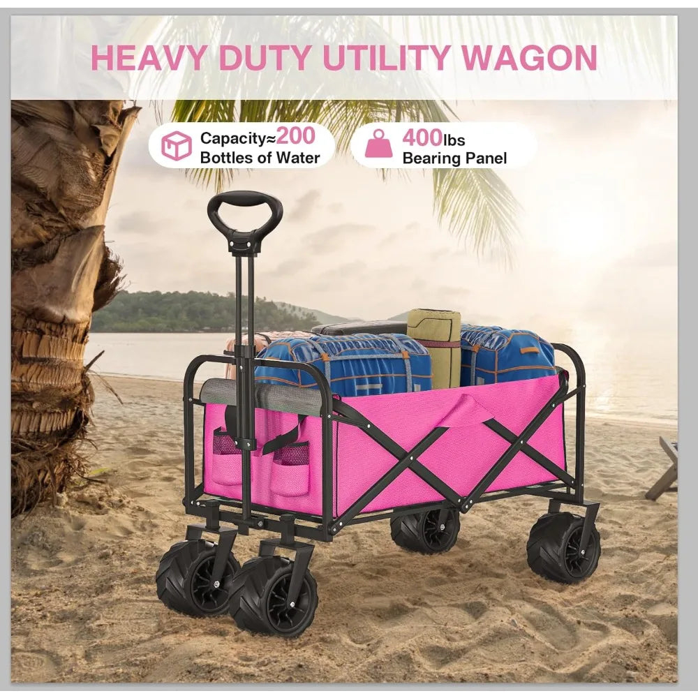 Hand Cart Collapsible Foldable Wagon Handcart Beach Cart With Big Wheels for Sand Camping Trolley Pink Garden Carts Folding Home ShopOnlyDeal