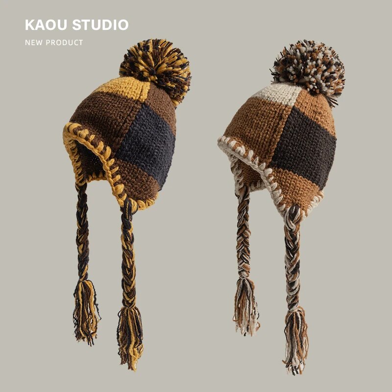 Handmade Tassel Braid Cute Knitted Hat Women Korean Version Plaid Hairball Versatile Thermal Ear Protector Wool Bomber Hat ShopOnlyDeal