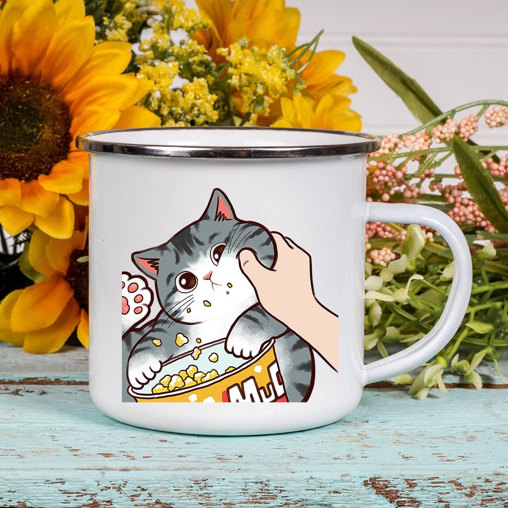 Cartoon Cat Print Enamel Coffee Tea Mugs Cute Animal Breakfast Dessert Milk Water Cups Love Cat Home Drinkware Best Friend Gifts ShopOnlyDeal