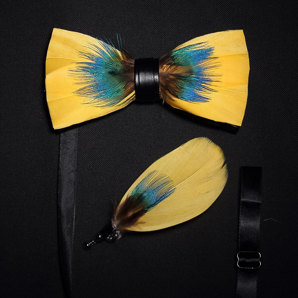 Bow Tie & Pin set handmade Natural Feather bowtie Gift Box Business Suit For Wedding Party Fashion Colorful Men's ShopOnlyDeal