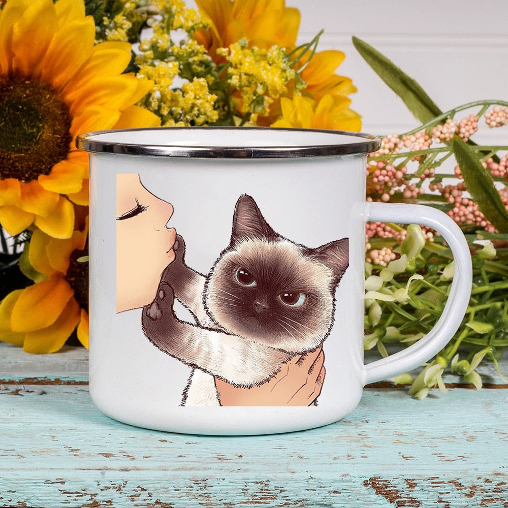 Cartoon Cat Print Enamel Coffee Tea Mugs Cute Animal Breakfast Dessert Milk Water Cups Love Cat Home Drinkware Best Friend Gifts ShopOnlyDeal