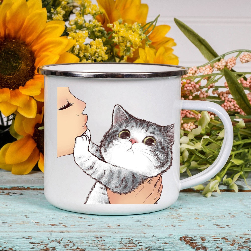 Cartoon Cat Print Enamel Coffee Tea Mugs Cute Animal Breakfast Dessert Milk Water Cups Love Cat Home Drinkware Best Friend Gifts ShopOnlyDeal