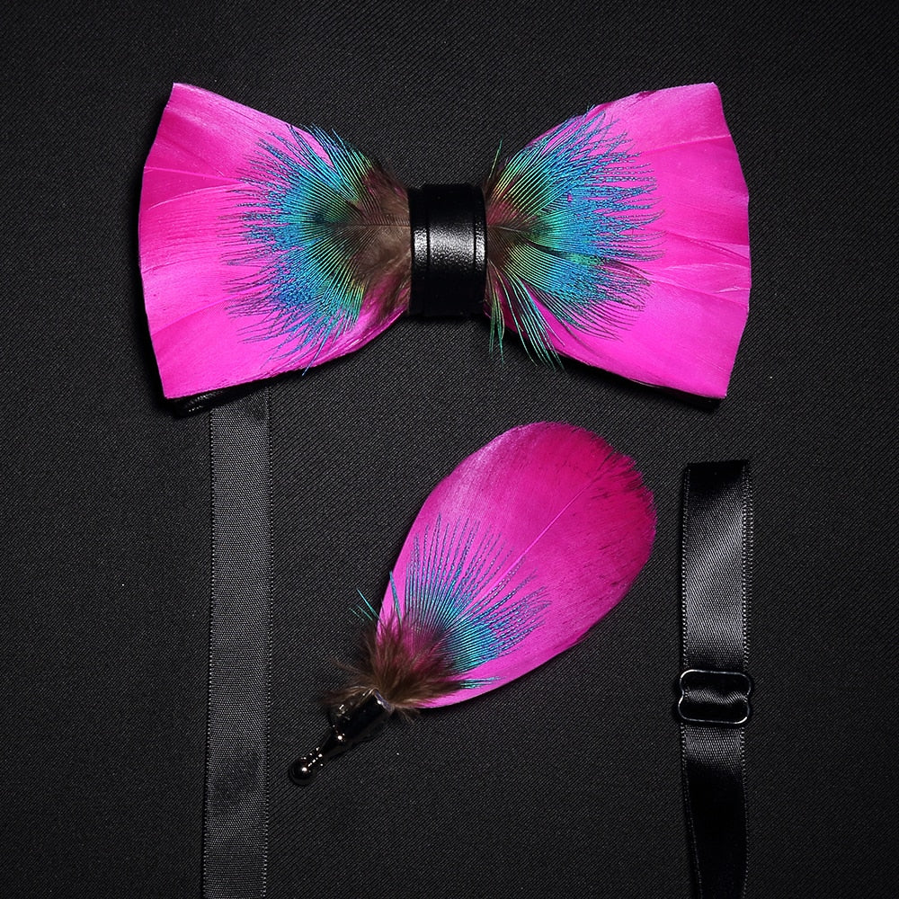 Bow Tie & Pin set handmade Natural Feather bowtie Gift Box Business Suit For Wedding Party Fashion Colorful Men's ShopOnlyDeal