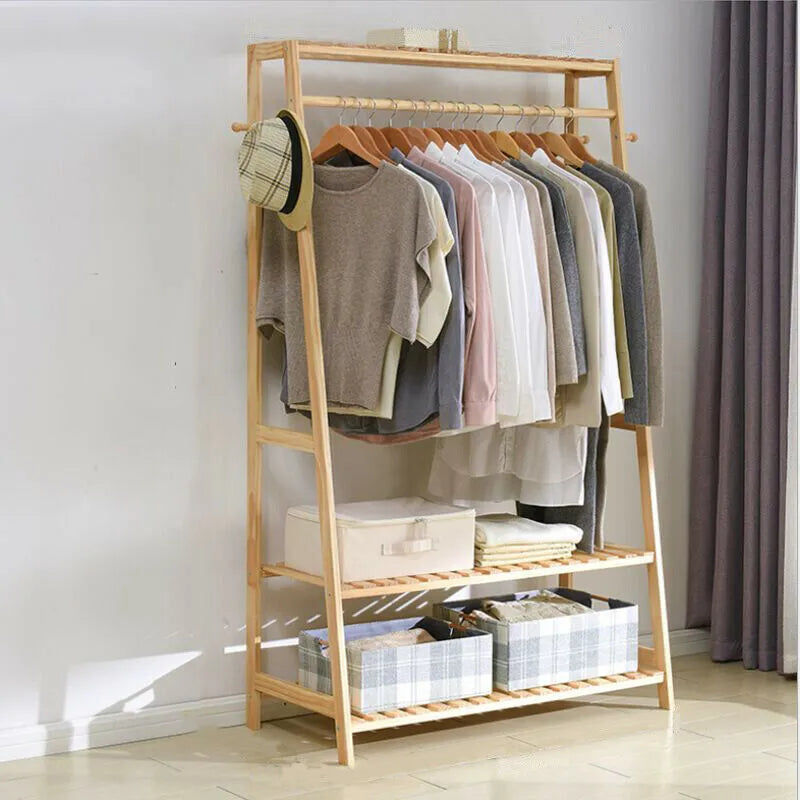 Bamboo Garment Coat Clothes Hanging Heavy Duty Rack with top shelf and 2-tier Shoe Clothing Storage Organizer Shelves ShopOnlyDeal