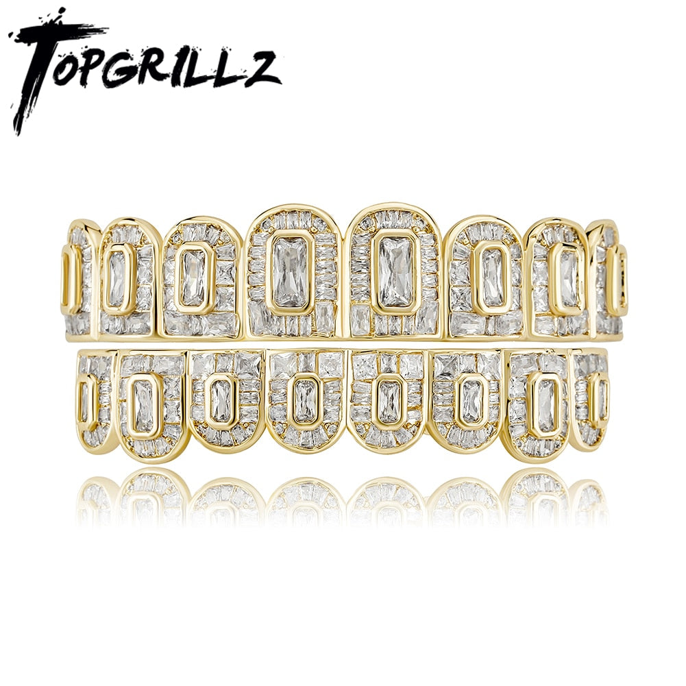 TOPGRILLZ 2021 New Baguette Set Teeth Grillz Full Iced Micro Pave Cubic Zirconia 14K White Gold Hip Hop Jewelry For Men Women ShopOnlyDeal