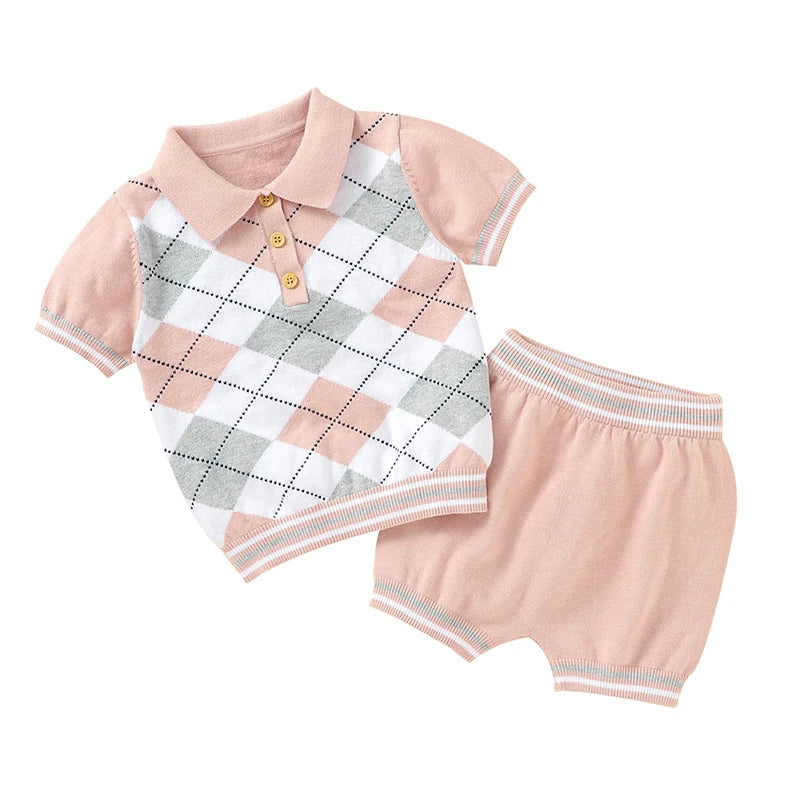 Baby Clothing Set | 100% Cotton Knitted | Newborn Boy & Girl Fashion | Turn-Down Plaid Pullover + Solid Shorts | Infant Toddler Suit for Summer ShopOnlyDeal