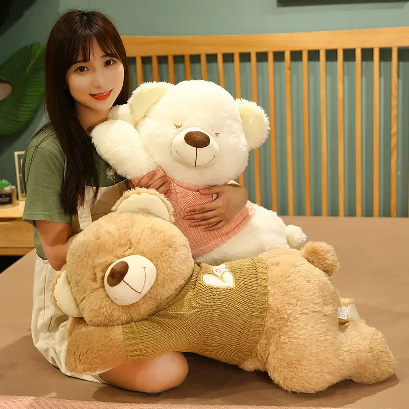 Giant Size Lying Teddy Plush Toy - Soft Sweater Bear Plush Pillow - Perfect Xmas Gift, Available in 80CM and 100CM ShopOnlyDeal