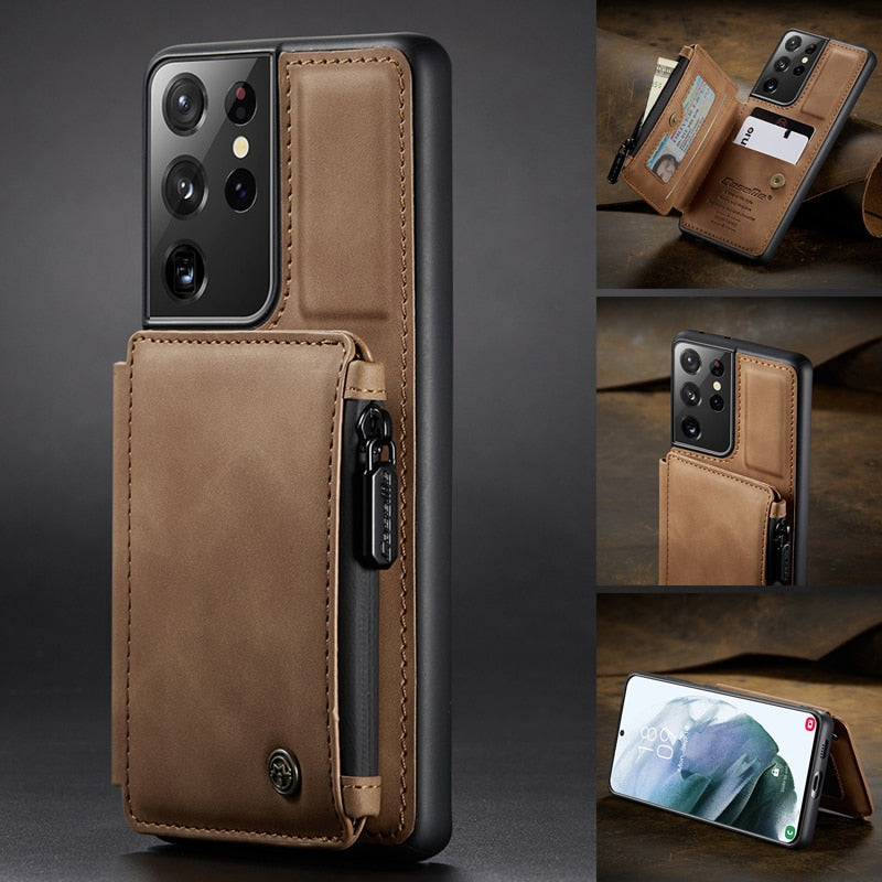 Luxury Samsung Galaxy S21 Ultra / S21 Plus Leather Case with Wallet and Protective Sleeve - Genuine Leather Back Cover Shell ShopOnlyDeal