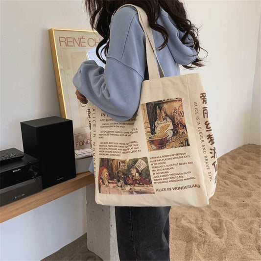 Women Canvas Shoulder Bag Alice In Wonderland Shopping Bags Students Book Bag Cotton Cloth Handbags Tote Bags for Girls Bolsos ShopOnlyDeal