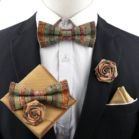 Wood Bow Tie Set Men's Novelty Handmade Floral Solid Color Bowtie Brooch For Groom Wedding Party Retro Suit Accessories New Cork ShopOnlyDeal