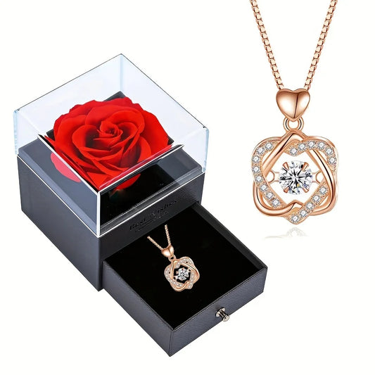Heart Zircon Pendant Necklaces With Rose Flower Luxury Box For Girlfriend Best Gifts 2023 New Trendy Women Jewelry ShopOnlyDeal