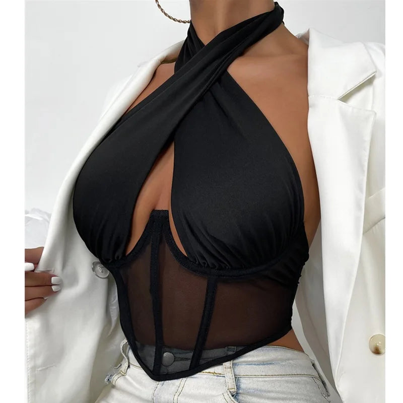 Sexy Cross Halter Corset Bustier Mesh Bone Tank Tops Women Tie Up Wrap Tube Tops Backless Slim Fit Cut Out Front Tops ShopOnlyDeal