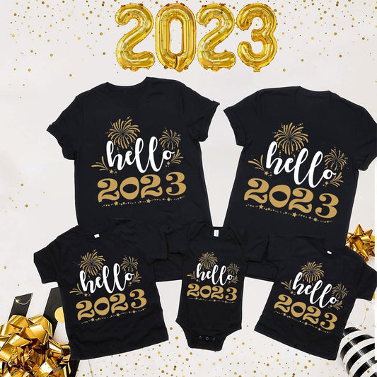 Hello 2023 Family Matching Outfits T-shirt New Year Party Clothing Daddy Mommy and Daughter Son +baby Romper T Shirt Family Look ShopOnlyDeal