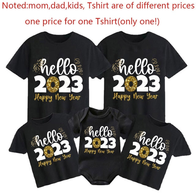 Hello 2023 Family Matching Outfits T-shirt New Year Party Clothing Daddy Mommy and Daughter Son +baby Romper T Shirt Family Look ShopOnlyDeal