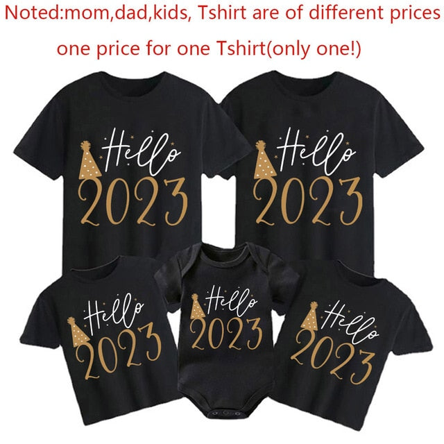 Hello 2023 Family Matching Outfits T-shirt New Year Party Clothing Daddy Mommy and Daughter Son +baby Romper T Shirt Family Look ShopOnlyDeal