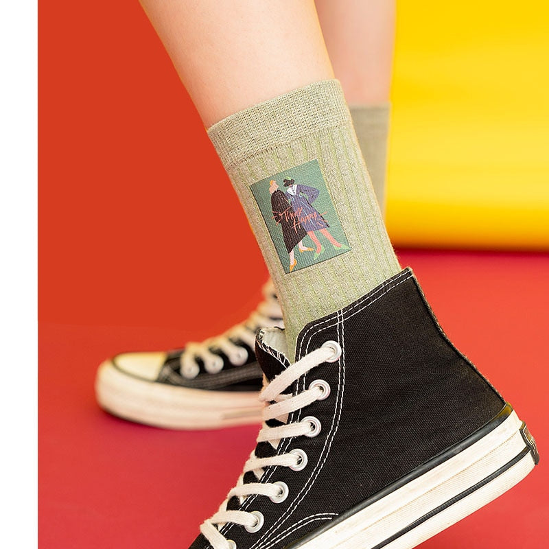 Cotton Women Long Socks 2022 Autumn Breathable Deodorant  New Cute Cartoon Fashion Brief Wild Trend Motion Cotton Socks Women HOPUS MY SOCKS Store