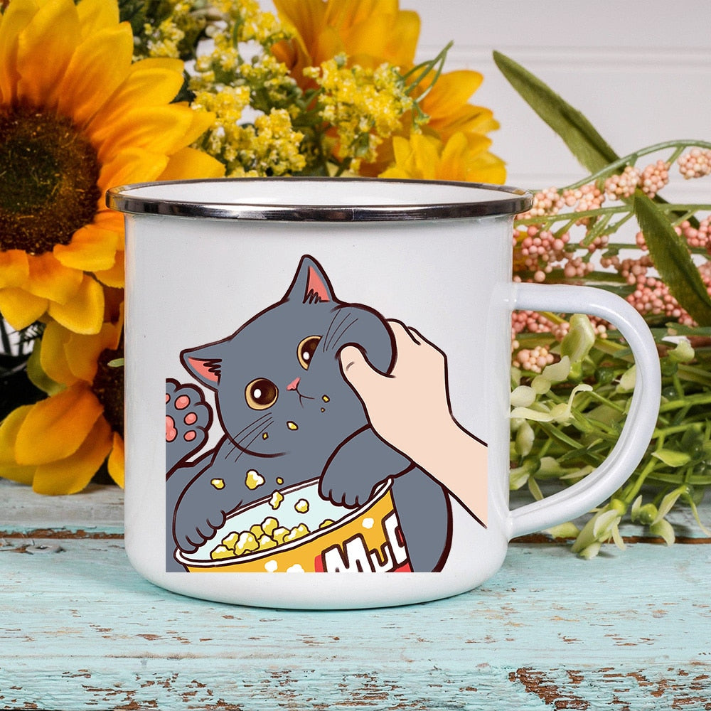 Cartoon Cat Print Enamel Coffee Tea Mugs Cute Animal Breakfast Dessert Milk Water Cups Love Cat Home Drinkware Best Friend Gifts ShopOnlyDeal
