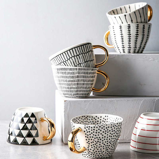 Hand Painted Geometric Ceramic Mugs With Gold Handle Handmade Irregular Cups For Coffee Tea Milk Oatmeal Creative Birthday Gifts ShopOnlyDeal