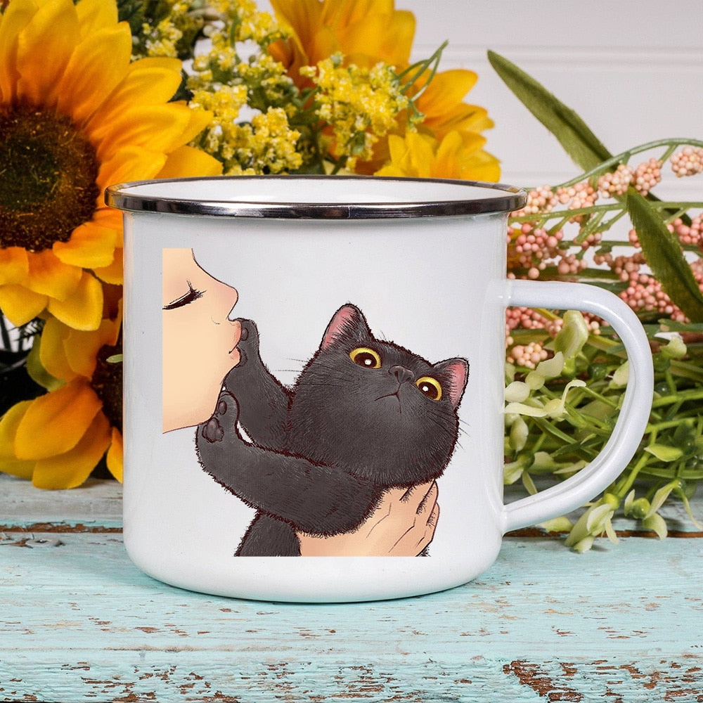 Cartoon Cat Print Enamel Coffee Tea Mugs Cute Animal Breakfast Dessert Milk Water Cups Love Cat Home Drinkware Best Friend Gifts ShopOnlyDeal