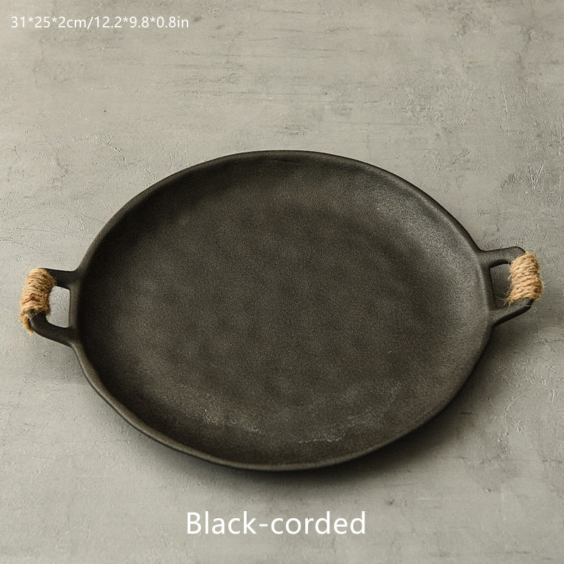 Large Ceramic Serving Plate Japanese Dinner Rough Plate Stoneware Dinner Handmade Kitchenware Household Fish Stone Rust Caramel Color Plate ShopOnlyDeal