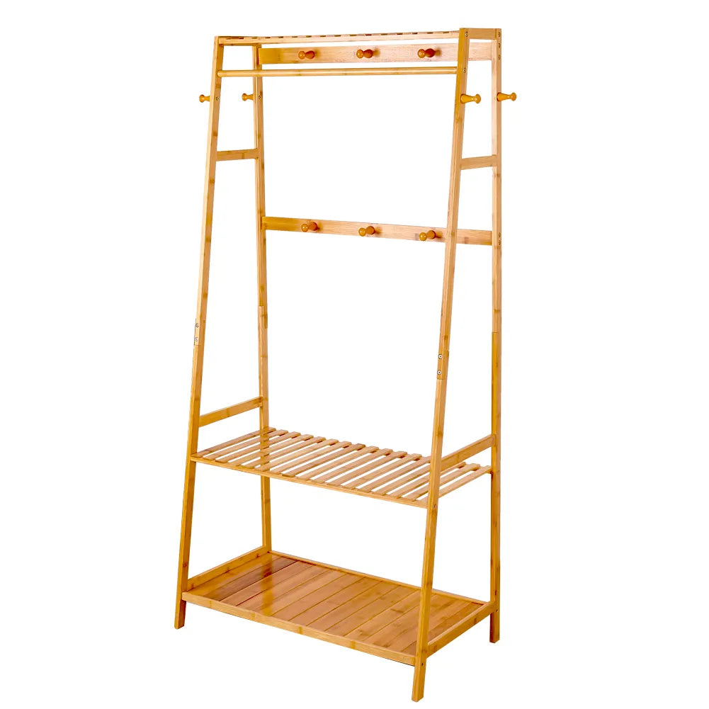 Bamboo Garment Coat Clothes Hanging Heavy Duty Rack with top shelf and 2-tier Shoe Clothing Storage Organizer Shelves ShopOnlyDeal