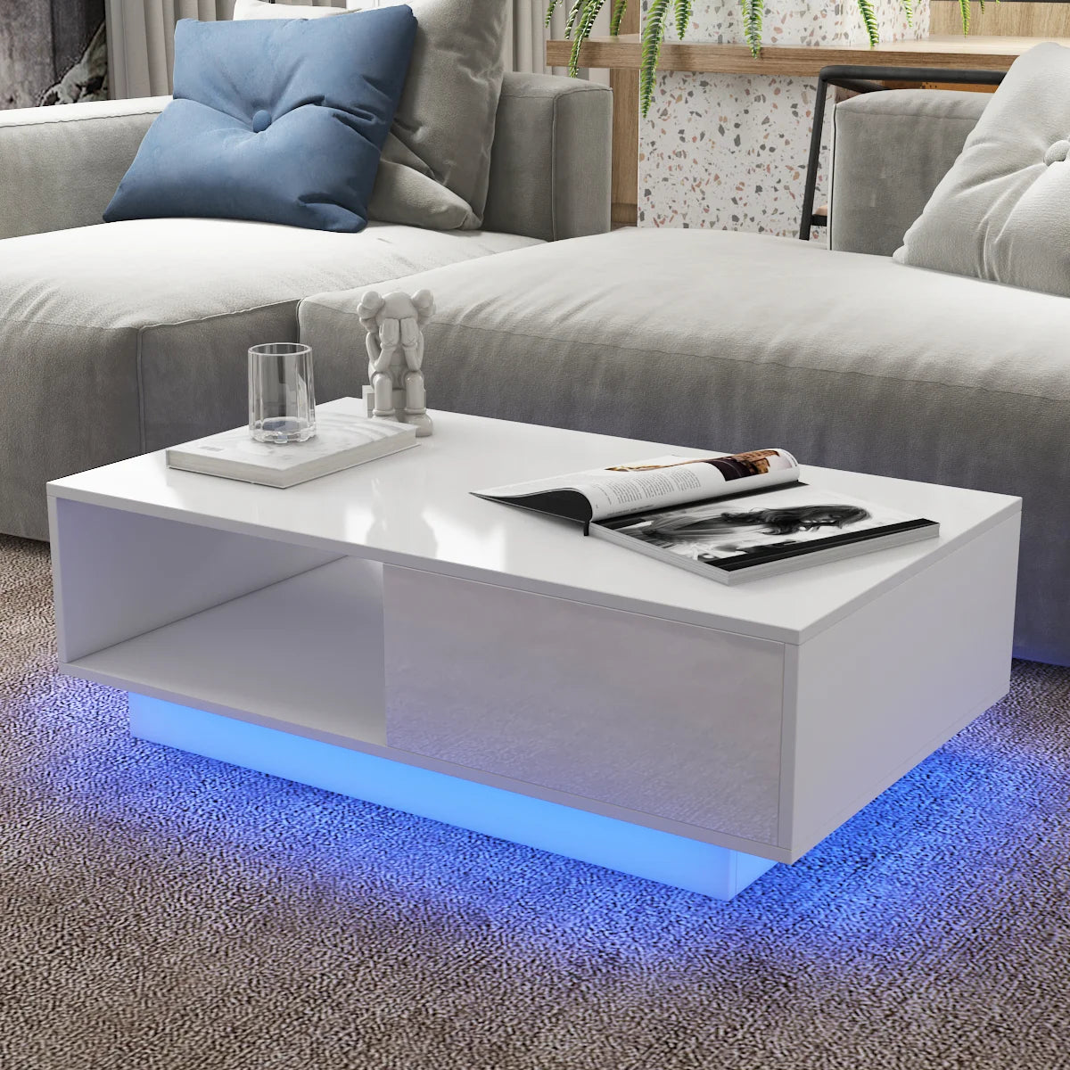 Nordic LED End Table High Gloss Coffee Tables RGB Nordic Modern Side Table Living Room Drawers Cabinet Storage Organizer Furniture ShopOnlyDeal