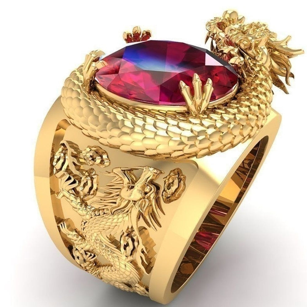 Huitan Luxury Gold Color Dragon Pattern Men Rings Inlaid Big Oval Red Stone Noble Wedding Party Finger Rings Male Trendy Jewelry ShopOnlyDeal