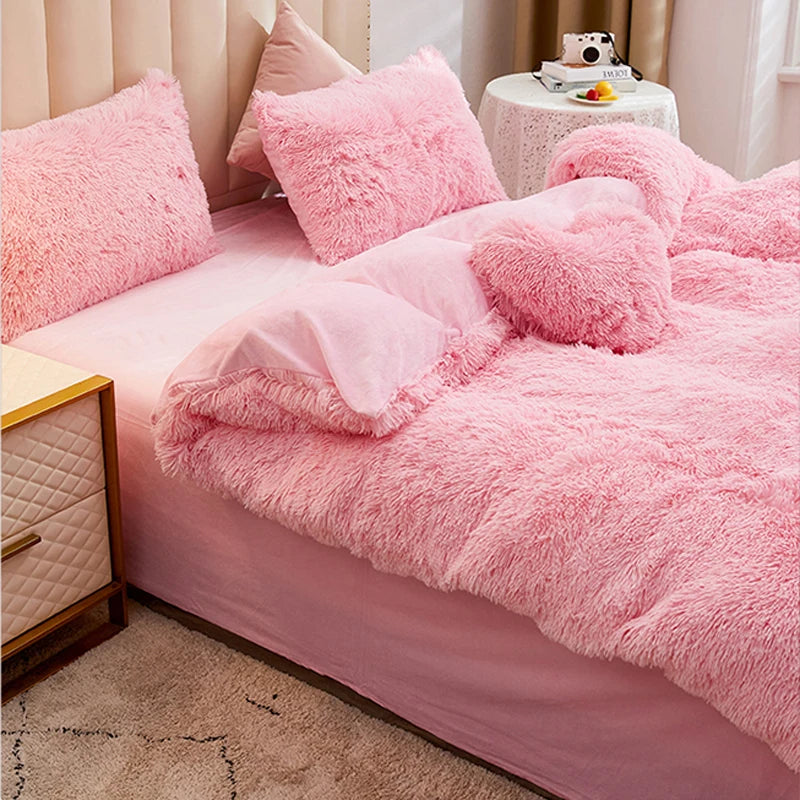 Winter Warm Plush Duvet Cover Pink Romantic Princess Mink Velvet +Fluffy Flannel Quilt Cover Luxury Bedding Set King Size Home Furnishing Departments Store