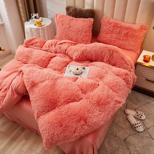 Winter Warm Plush Duvet Cover Pink Romantic Princess Mink Velvet +Fluffy Flannel Quilt Cover Luxury Bedding Set King Size Home Furnishing Departments Store