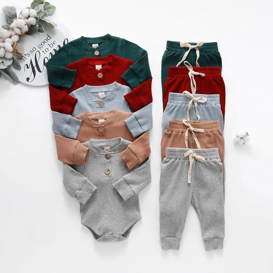 Infant Newborn Baby Girl Boy Spring Autumn Ribbed/Plaid Solid Clothes Sets Long Sleeve Bodysuits + Elastic Pants 2PCs Outfits pudcoco Official Store