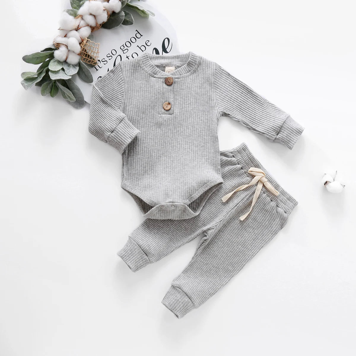 Infant Newborn Baby Girl Boy Spring Autumn Ribbed/Plaid Solid Clothes Sets Long Sleeve Bodysuits + Elastic Pants 2PCs Outfits pudcoco Official Store