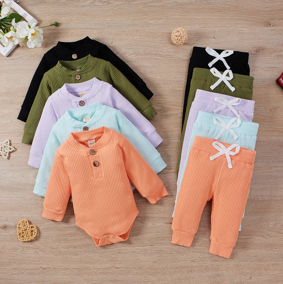 Infant Newborn Baby Girl Boy Spring Autumn Ribbed/Plaid Solid Clothes Sets Long Sleeve Bodysuits + Elastic Pants 2PCs Outfits pudcoco Official Store