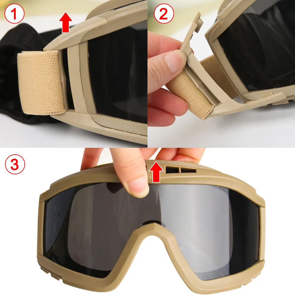 Airsoft Tactical Goggles 3 Lens Windproof Dustproof Shooting Motocross Motorcycle Mountaineering Glasses CS Safe Protection ShopOnlyDeal