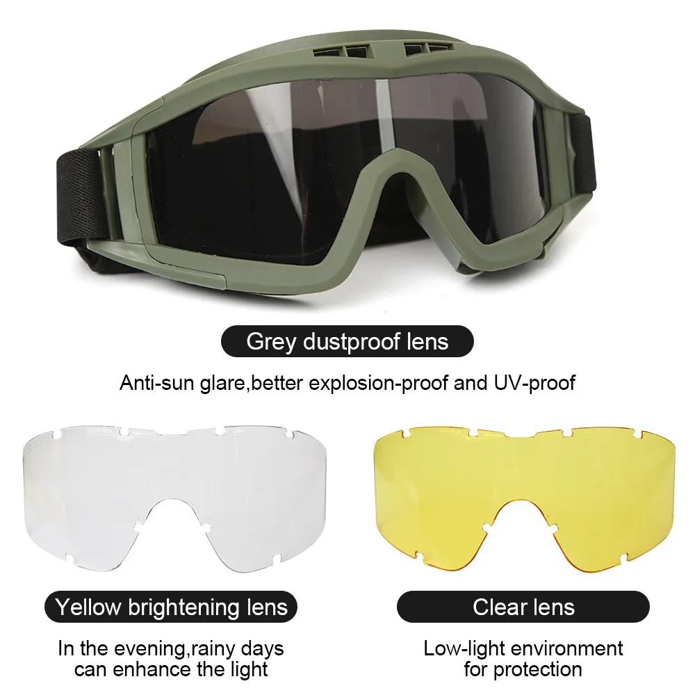 Airsoft Tactical Goggles 3 Lens Windproof Dustproof Shooting Motocross Motorcycle Mountaineering Glasses CS Safe Protection ShopOnlyDeal