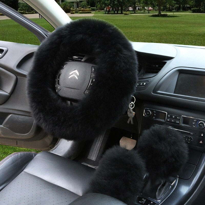 Fluffy Warm Sheep Wool 3PCS Set Real Wool Fur Soft Steering Wheel Covers Furry Long Hair Womens Winter Fashion Handle Cover Car Decoration Accessories ShopOnlyDeal