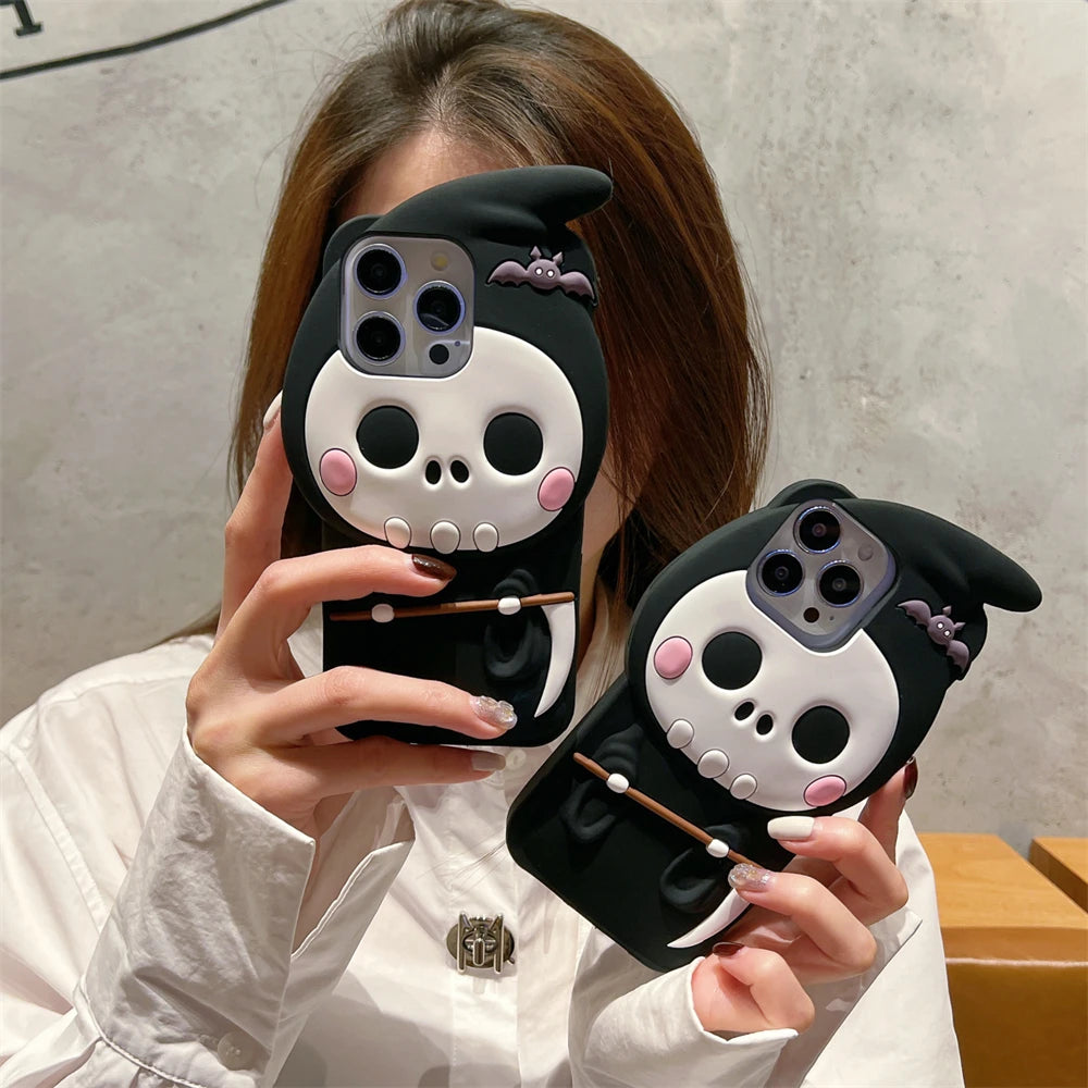 Japan Cute 3D Halloween Pink Face Skull Ghost Silicone Phone Case: Creative Cartoon Bat Cover for iPhone 11/12/13/14/15 Pro Max ShopOnlyDeal