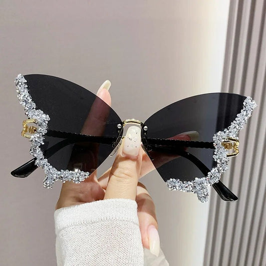 Butterfly Sunglasses Women Rhinestone UV400 Protection Sun Glasses Vintage Large Rimless 2023 Trendy Party Glasses Wardrobe lover Store