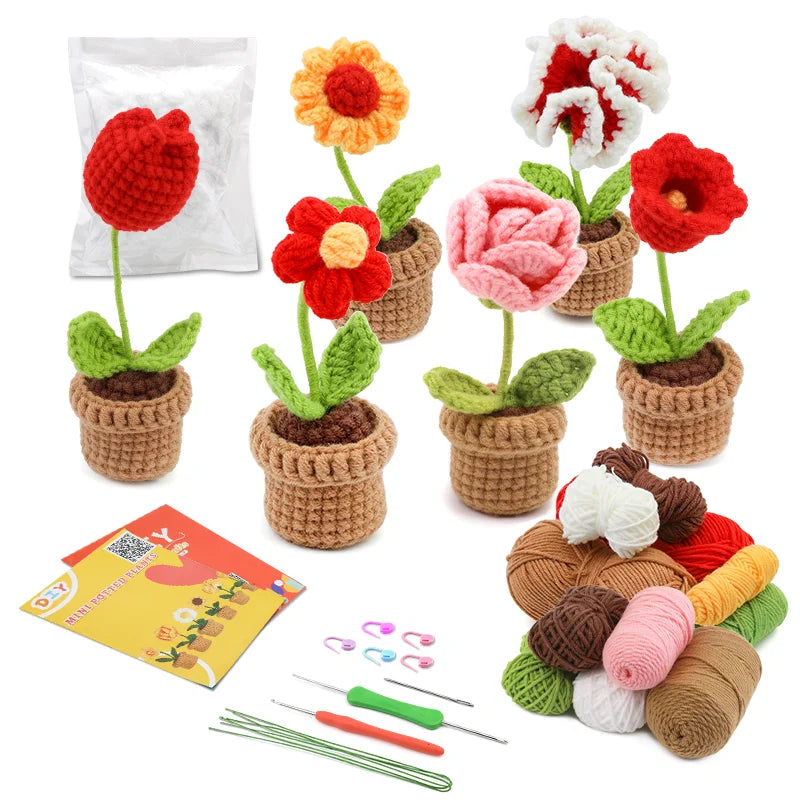 KRABALL 6pcs Crochet Potted Flower Kit for Beginners With Video Tutorial Cotton Knitting Yarn Thread Needles Hooks Knit Tool Set ShopOnlyDeal