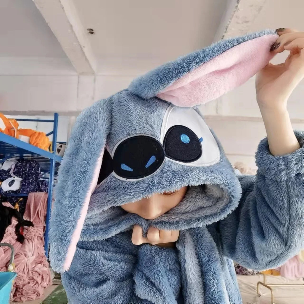 Kawaii Cartoon Rabbit Police Officer Blue Flannel Thickened Long Nightgown For Men Women With Ear Warm Coral Fleece Home Service ShopOnlyDeal