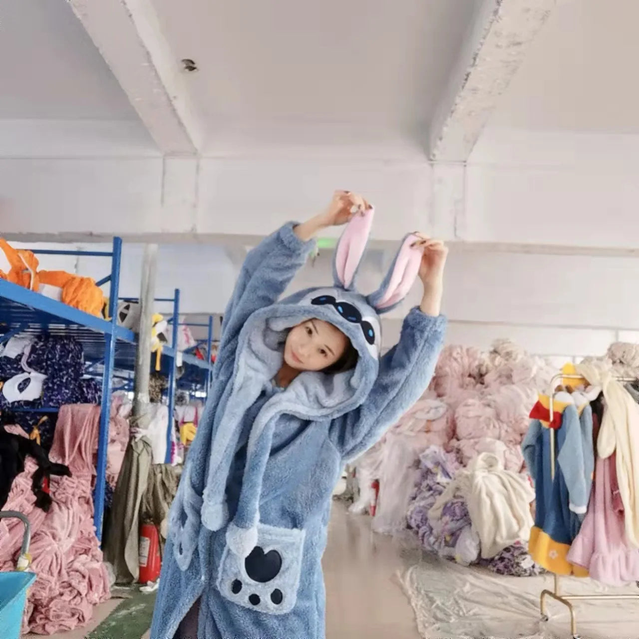 Kawaii Loungewear Cartoon Rabbit Police Officer Blue Flannel Thickened Long Nightgown For Men Women With Ear Warm Coral Fleece Home Service ShopOnlyDeal