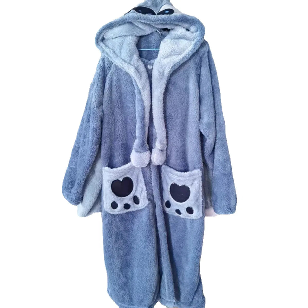 Kawaii Cartoon Rabbit Police Officer Blue Flannel Thickened Long Nightgown For Men Women With Ear Warm Coral Fleece Home Service ShopOnlyDeal