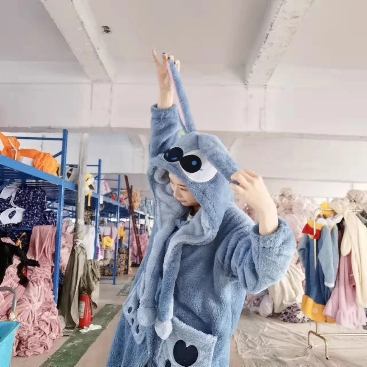 Kawaii Loungewear Cartoon Rabbit Police Officer Blue Flannel Thickened Long Nightgown For Men Women With Ear Warm Coral Fleece Home Service ShopOnlyDeal