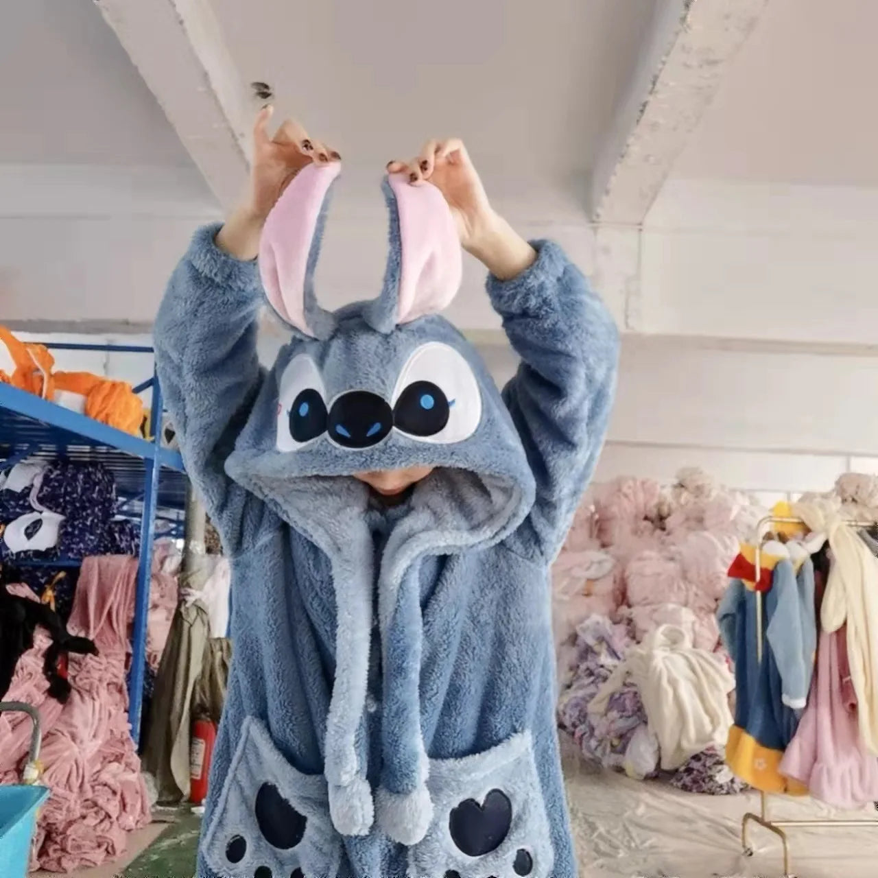 Kawaii Loungewear Cartoon Rabbit Police Officer Blue Flannel Thickened Long Nightgown For Men Women With Ear Warm Coral Fleece Home Service ShopOnlyDeal