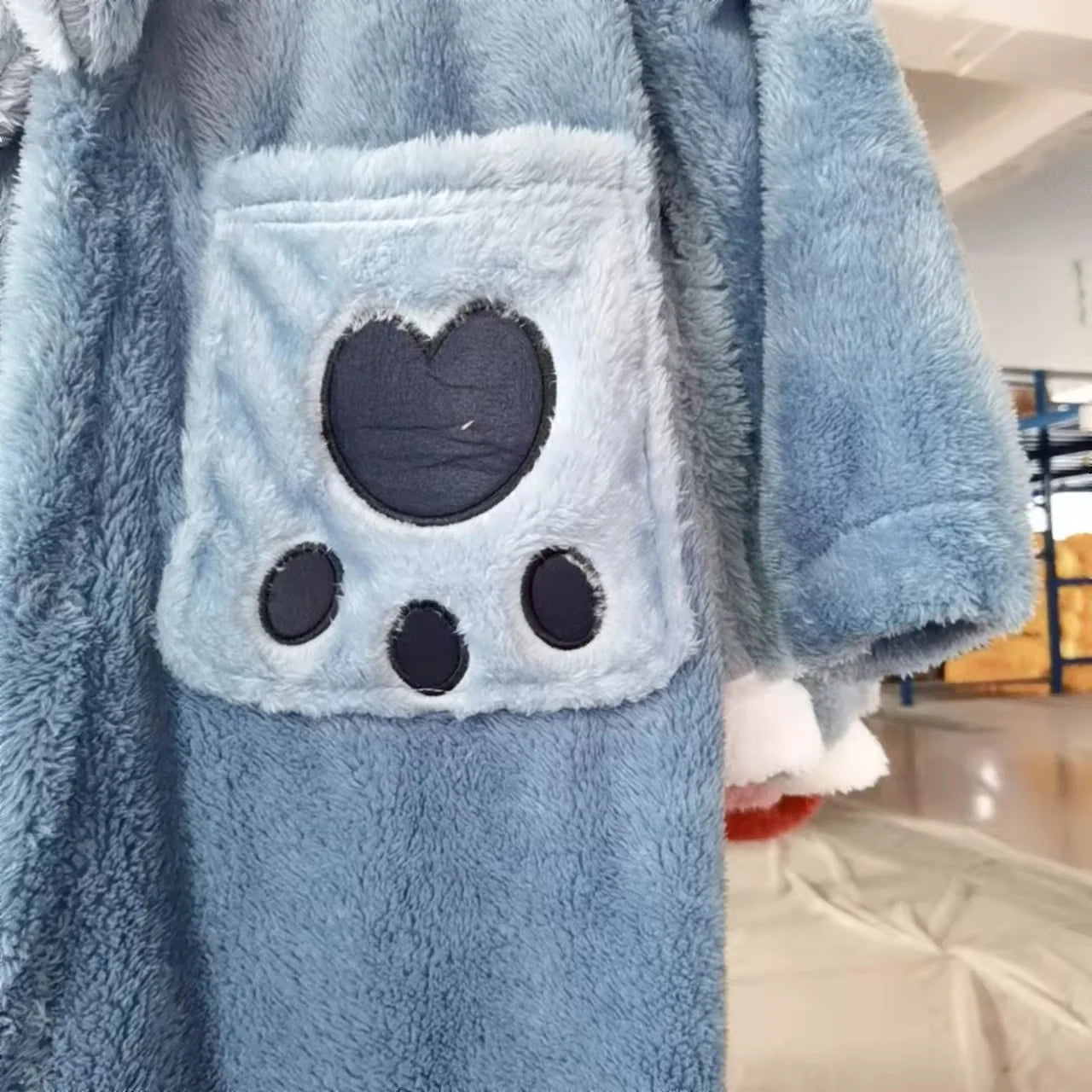 Kawaii Cartoon Rabbit Police Officer Blue Flannel Thickened Long Nightgown For Men Women With Ear Warm Coral Fleece Home Service ShopOnlyDeal